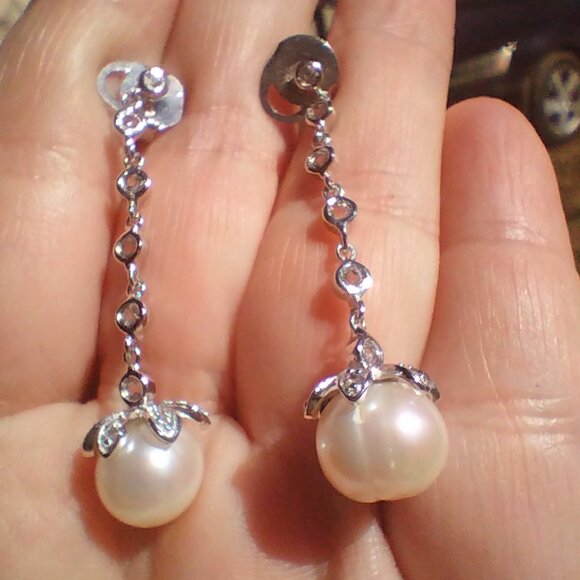 HONORA Freshwater White Pearl Earrings With Cubic Zirconia 925 Sterling Silver - Picture 3 of 8